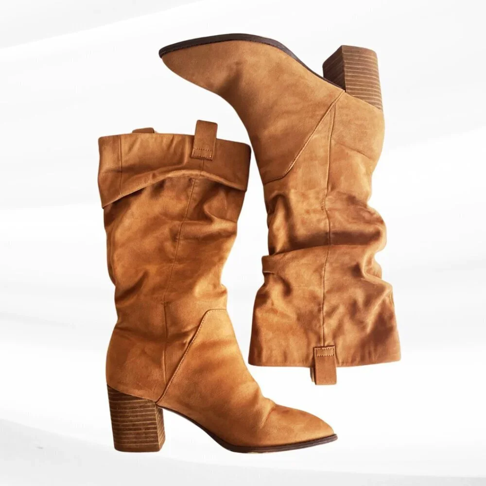 Report Tariq Tall Shaft Faux Suede Bootie Tan Block Heel Slip On/Pull Tab Size 9 - Picture 7 of 16
